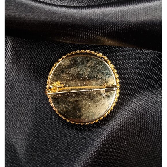 Vintage Italian Micro Mosaic Floral Brooch Gold-Tone Rope Edge Black - Picture 4 of 5